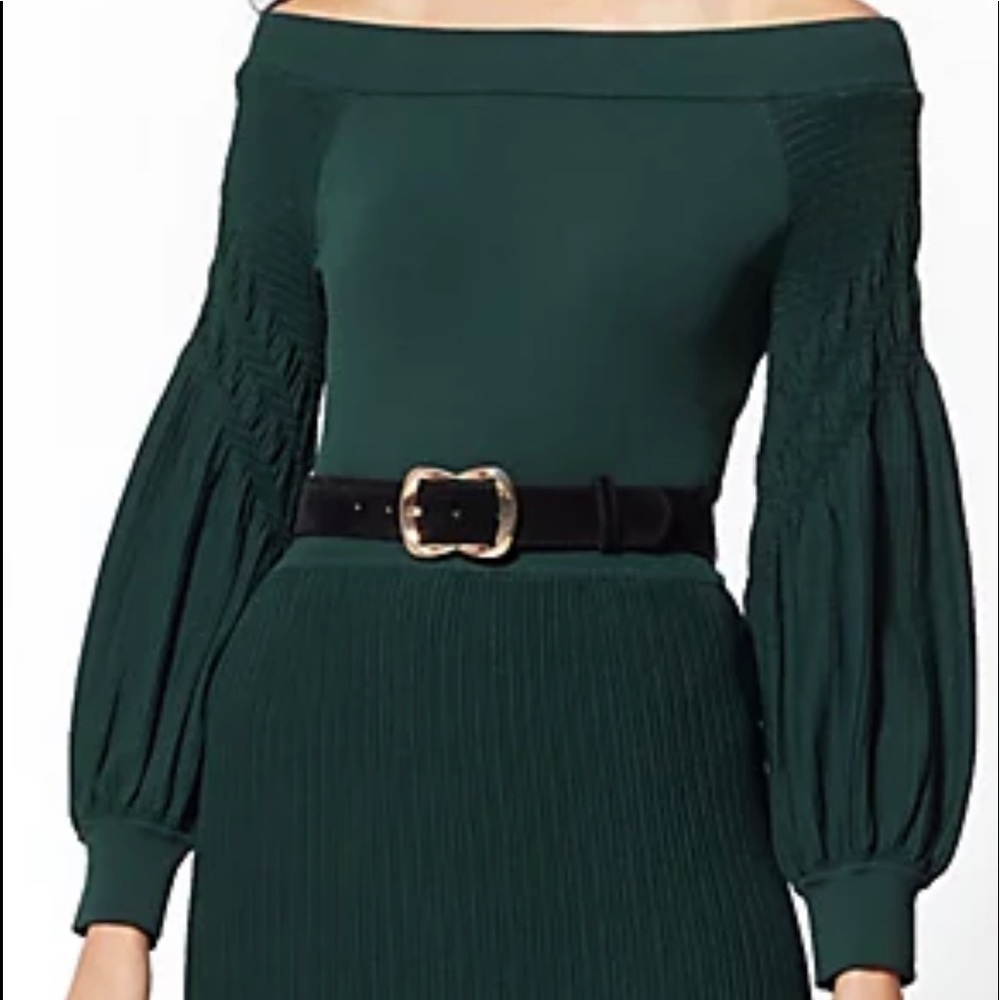 Green Off Shoulder Long Pleated Bishop Sleeves Top